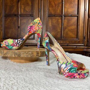 Jessica Simpson Multi Palm PT Canvas Deista Platform Open Toe Pump